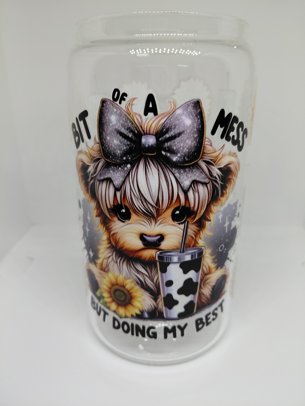 Glass Can Tumbler 16oz UVDTF Highland Cows "Bit of a Mess But Doing My Best"